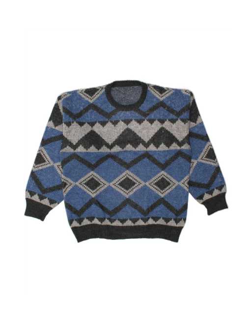 Vintage Crew Neck Jumper Sweater XL In Blue Geometric