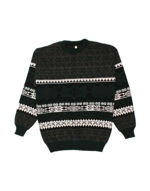 Vintage Crew Neck Jumper Sweater XL In Green Fair Isle