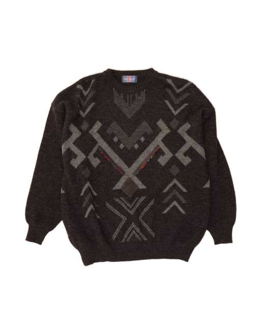 Vintage Crew Neck Jumper Sweater XL In Grey Geometric Wool