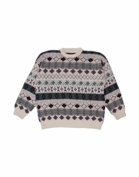 Vintage Crew Neck Jumper Sweater XL In White Fair Isle - view 1