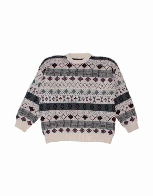 Vintage Crew Neck Jumper Sweater XL In White Fair Isle