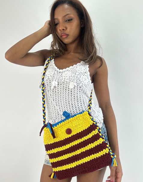 Vintage crochet crossbody bag in yellow - view 1