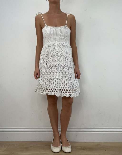 vintage white crochet dress Romantic Midi Crochet Dress with Floral and Leaf Motif