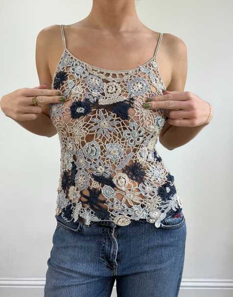 Vintage crochet floral cami in blue - view 1
