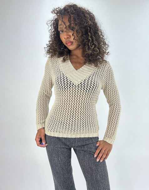 Vintage crochet knit jumper in beige - view 1