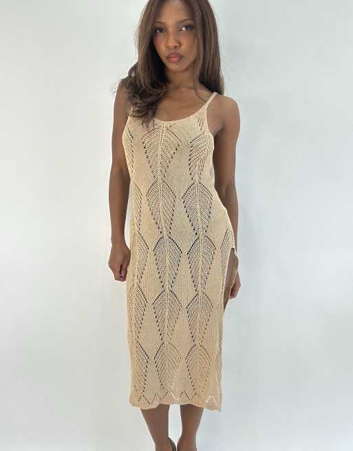 Vintage crochet knit midi dress in beige