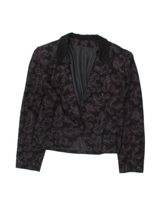 Vintage Crop 1 Button Blazer Jacket UK 14 Large In Black Paisley