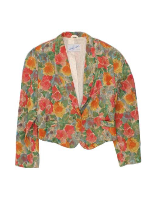 Vintage Crop 1 Button Blazer Jacket UK 14 Medium In Green Floral