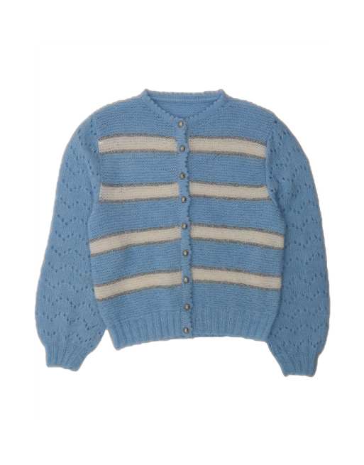 Vintage Crop 3/4 Sleeve Cardigan Sweater UK 14 Medium In Blue Striped