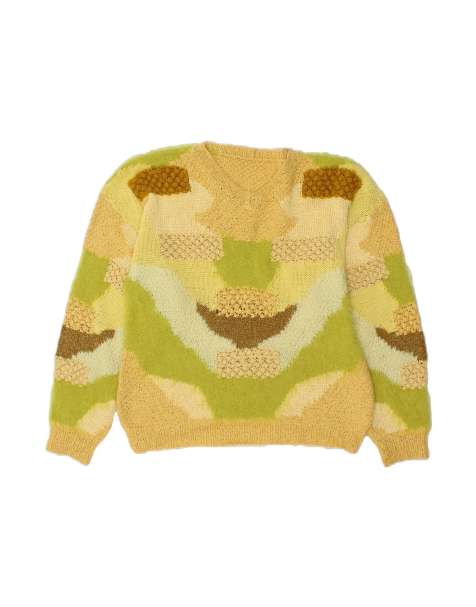 Vintage Crop Abstract Pattern V-neck Jumper Sweater UK 18 XL In Green - view 1