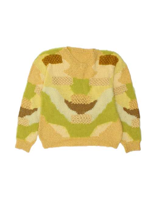Vintage Crop Abstract Pattern V-neck Jumper Sweater UK 18 XL In Green