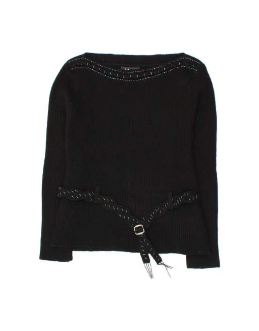 Vintage Crop Boat Neck Jumper Sweater UK 10 Small In Black