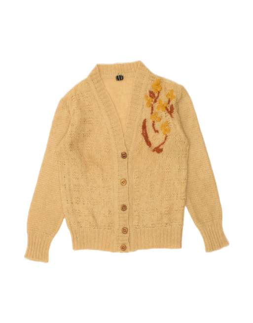 Vintage Crop Cardigan Sweater UK 10 Small In Beige Floral