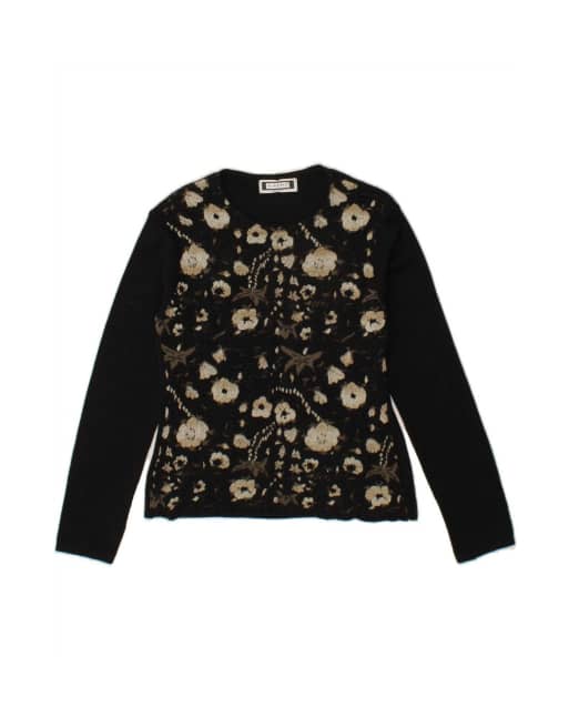 Vintage Crop Crew Neck Jumper Sweater UK 12 Medium In Black Floral
