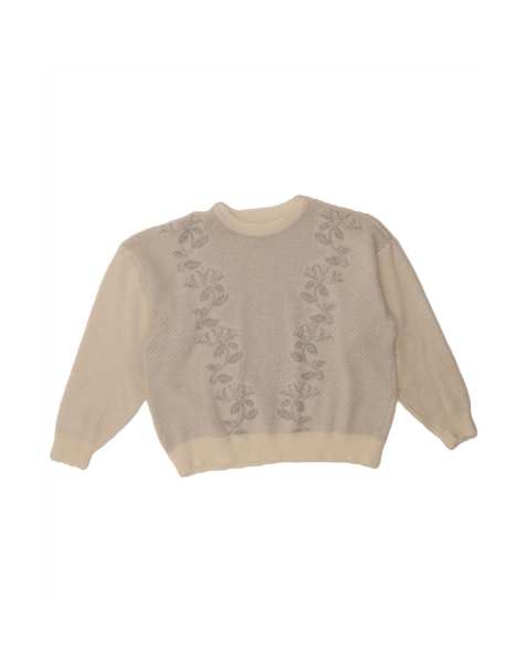 Vintage Crop Crew Neck Jumper Sweater UK 16 Large In Off In White Floral - view 1