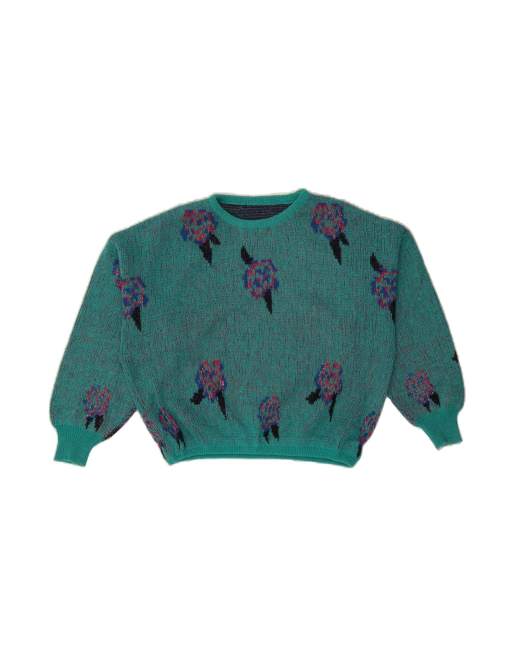 Vintage Crop Crew Neck Jumper Sweater UK 16 Large In Turquoise Floral