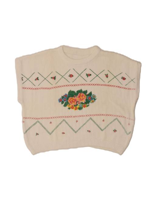 Vintage Crop Crew Neck Jumper Sweater UK 16 Large In White Floral