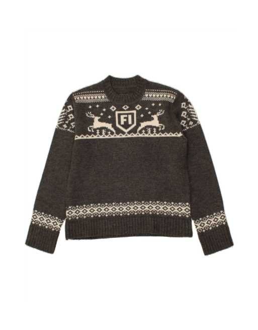 Vintage Crop Crew Neck Jumper Sweater US 8 Medium In Grey Fair Isle