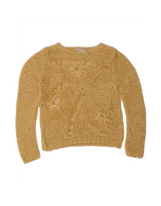 Vintage Crop Crochet Boat Neck Jumper Sweater UK 14 Medium In Yellow