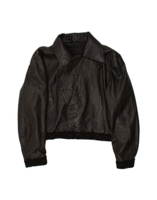 Vintage Crop Leather Jacket UK 14 Medium In Black