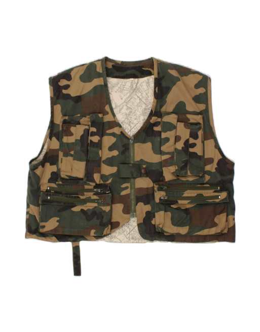 Vintage Crop Military Utility Gilet UK 42 XL In Green Camouflage Army