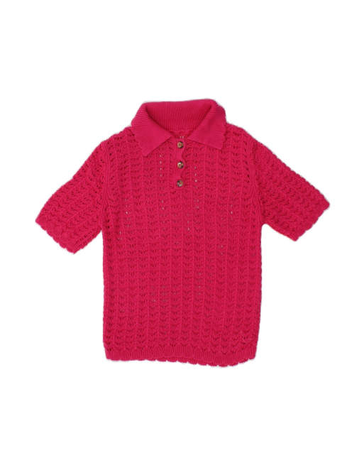 Vintage Crop Short Sleeve Polo Neck Jumper Sweater UK 10 Small In Pink