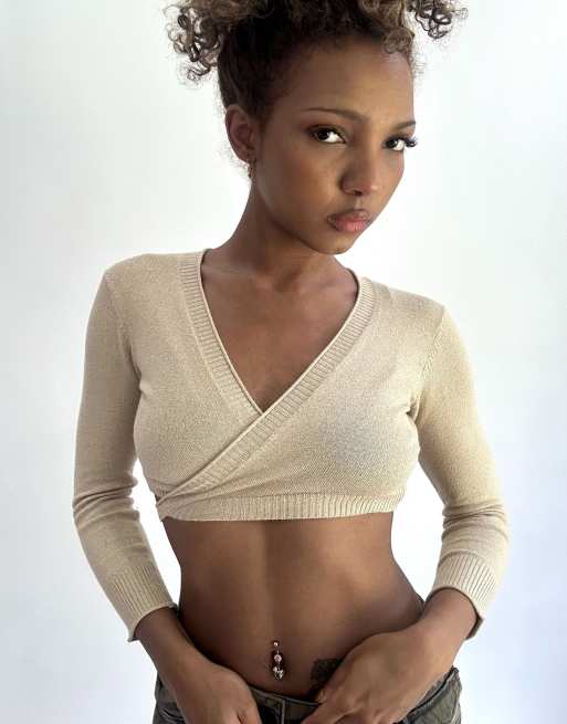 Vintage cropped knit cardigan in beige