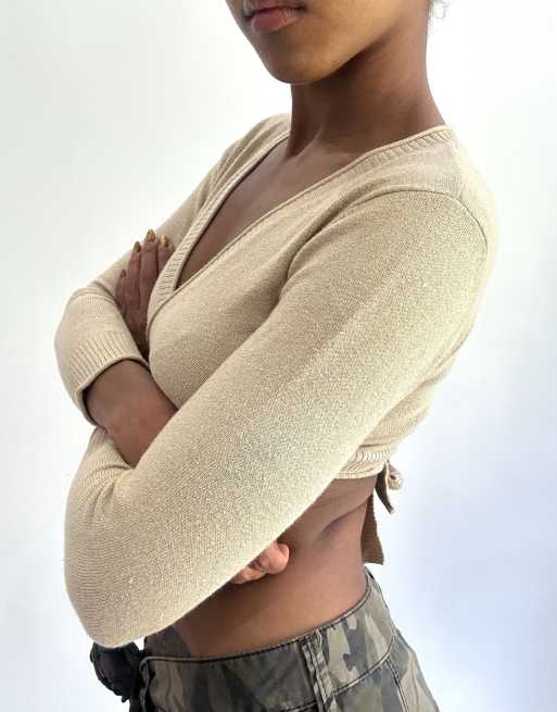 Vintage cropped knit cardigan in beige, 3 of 4