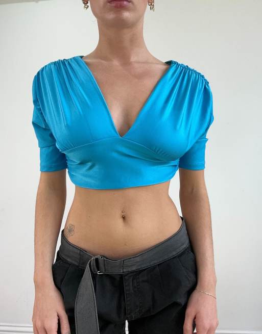 Vintage cropped v neck top in blue