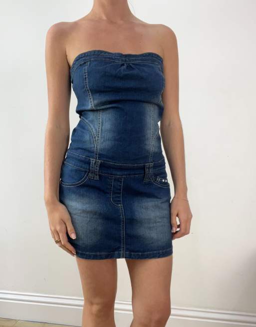 Vintage dark wash bandeau denim dress in blue