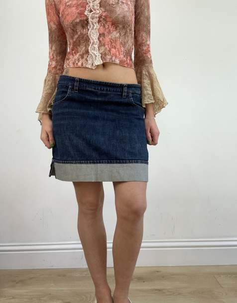 Vintage dark wash foldover skirt in blue - view 1