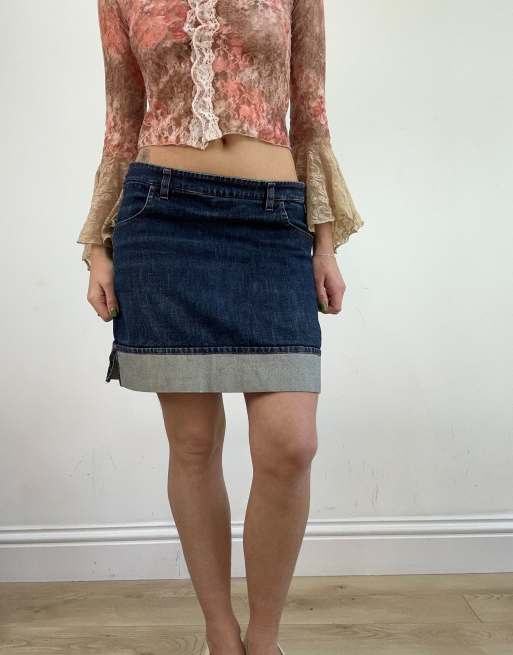 Vintage dark wash foldover skirt in blue