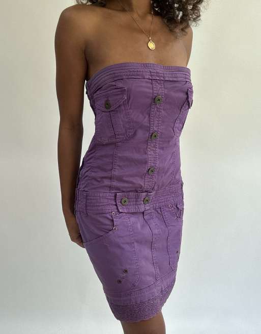 Vintage denim bandeau mini dress in purple, 3 of 4