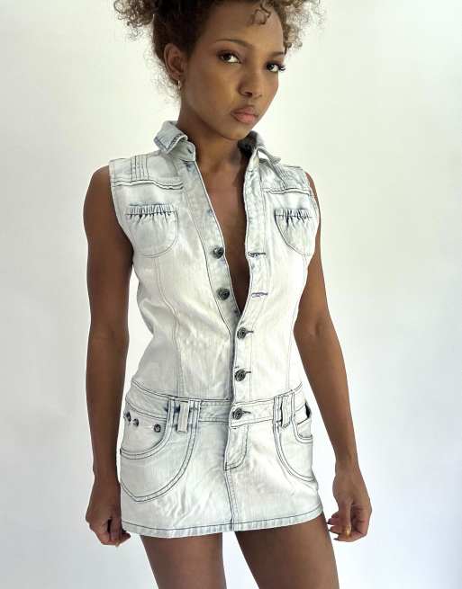 Vintage denim button up dress in blue