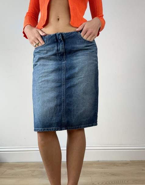 Vintage denim diesel midi skirt in mid wash - view 1