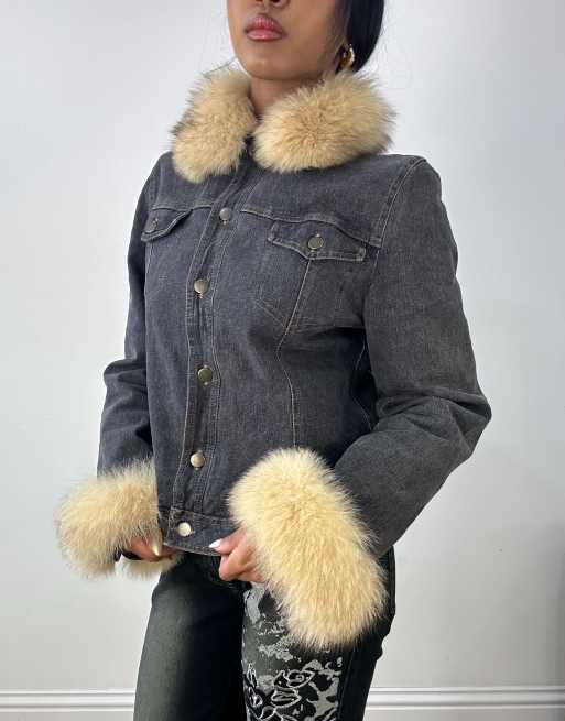 Vintage denim jacket with fur trim in washed black ASOS