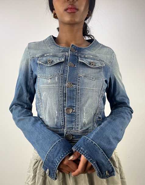 Vintage denim jacket with round neckline in blue - view 1