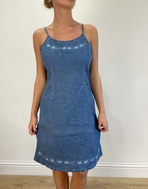 Vintage denim look embroidered midi dress in blue - view 1