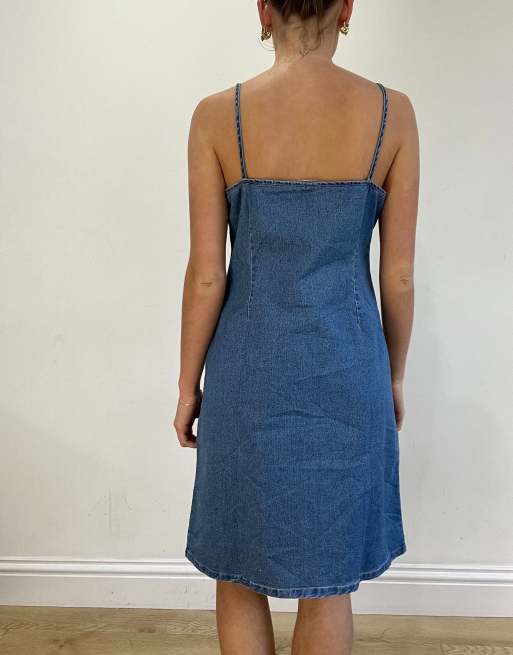 Vintage denim look embroidered midi dress in blue, 2 of 4