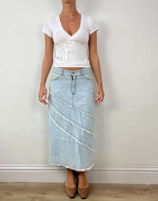 Vintage denim maxi skirt with frayed panels in light wash