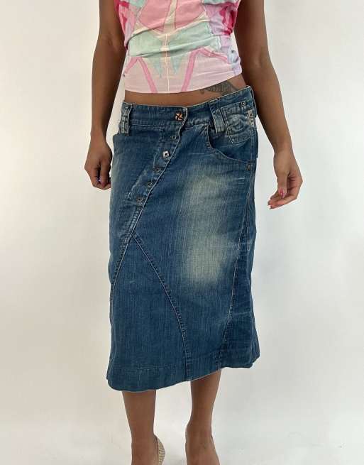 Vintage denim midi skirt in blue
