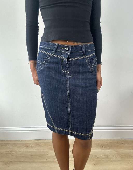 Vintage denim midi skirt in dark wash