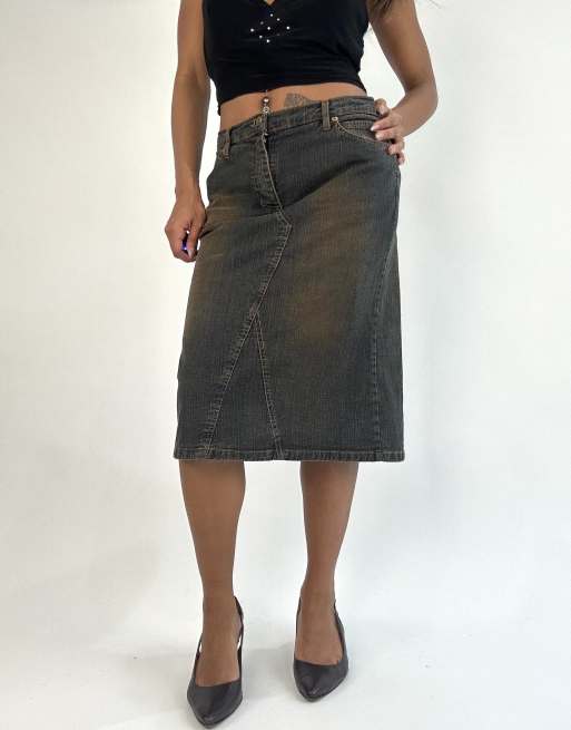 Vintage denim midi skirt in grey