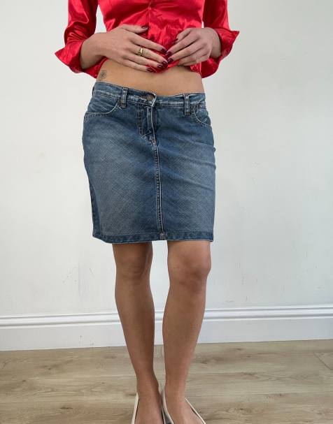Vintage denim midi skirt in mid blue - view 1