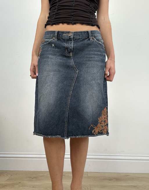 Vintage denim midi skirt with beaded detail in grey