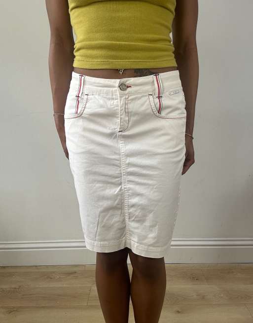 Vintage denim midi skirt with contrast stitch in white