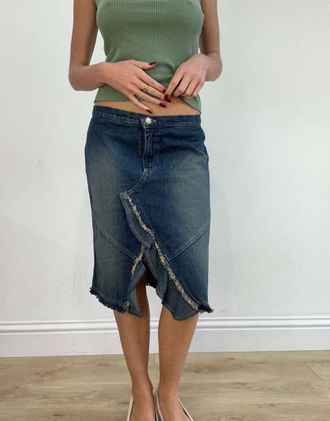 Vintage denim midi skirt with distressing in dark wash - view 1