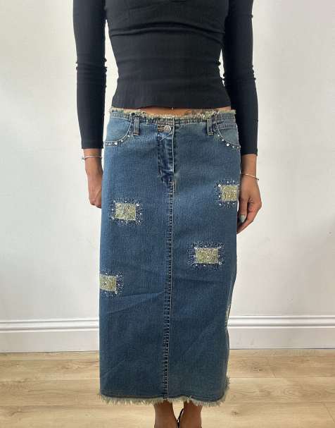 Vintage denim midi skirt with patch detail in mid wash - view 1