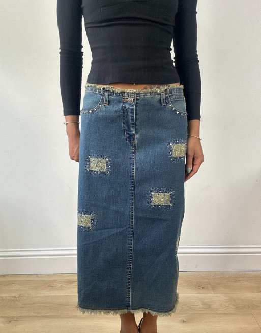 Vintage denim midi skirt with patch detail in mid wash