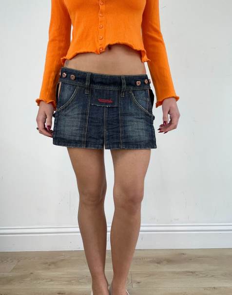 Vintage denim mini skirt with buckle side detail in dark wash - view 1